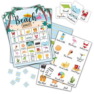 Imagem de Levitatinyear Beach Bingo Game, Tropical Summer Themed Party Games with 24 Players, Hawaiian School Classroom Supplies Activities, Luau Aloha Party Favors for Family Friends