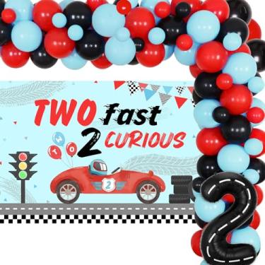Imagem de kreat4joy Two Fast Two Curious Birthday Decorations Boy, Race Car 2nd Birthday Decorations, Retro Red Black Blue Balloon Arch Backdrop Checkered Number 2 Wheel Foil Balloons for Let's Go Racing Party