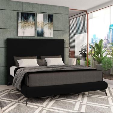 Imagem de Conjunto Cabeceira E Base Para Colchão Casal Bezos Com Pés Em Alumínio Veludo Preto G91 - Gran Belo