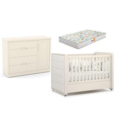 Imagem de Berço Americano Com Capitonê New Boucle E Cômoda Infantil Tutto New Off White E Colchão Gazin - Matic