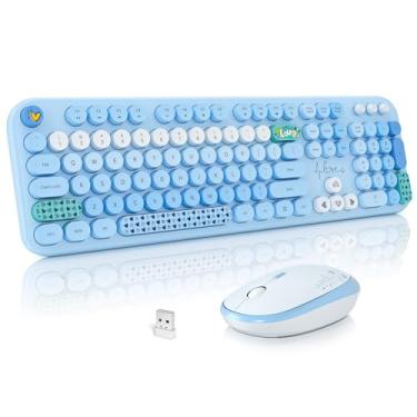 Imagem de MOFII Combinação De Teclado E Mouse Sem Fio, Máquina Escrever Retrô Tamanho Normal, Conjunto 2,4 Ghz Para Pc/Desktop/Laptop/Windows (Azul Colorido)