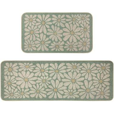 Imagem de SHIYUE Conjunto de 2 tapetes de cozinha ciano, tapetes de cozinha com flores boêmias, modernos, tapetes de borracha antiderrapantes, acessórios de decoração de cozinha (43 x 119 cm + 43 x 76 cm)
