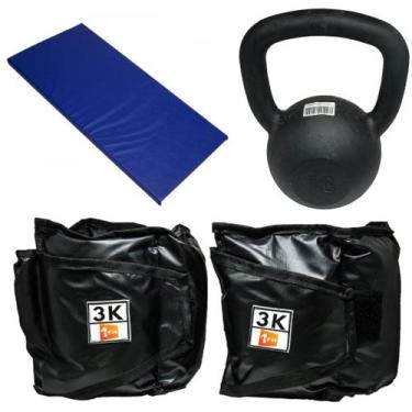 Imagem de Kit Colchonete Azul + Par de Caneleira 3Kg + kettlebell Pintado 18kg -
