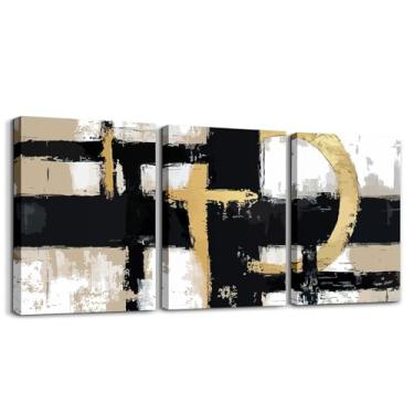 Imagem de Feelyou 3 peças de arte de parede abstrata em tela preta dourada marrom para sala de estar, arte abstrata, decoração de parede para sala de jantar, quarto, banheiro, moderno, geométrico, pôster