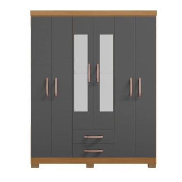 Imagem de Guarda Roupa Casal Vanessa 6 Portas e 2 Gavetas com Espelho Carvalho Americano Grafite EdeCasaMoveis