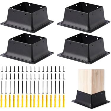Imagem de Vigtayue Base de Poste 4 X 4, 4 Peças(Tamanho Interno 3,6" X 3,6" Base de Poste de Deck) Suportes de Poste Revestidos com Pó Preto de Metal Resistente Adequados para Âncora de Poste de Madeira Padrão