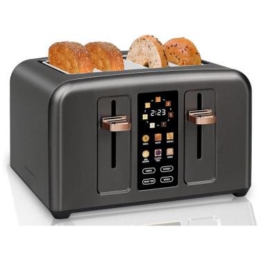 Imagem de Torradeira Elétrica de 4 Fatias com Display LCD Digital, 6 Níveis de Tostagem, 110V 1800W, SEEDEEM, Cinza
