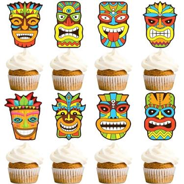 Imagem de Máscaras tribais Tiki Toppers Cupcake Toppers Hawaiian Tropical Tiki Totem Picaretas de Cupcake para Verão Praia Piscina Havaiano Decorações de Festa de Aniversário Suprimentos