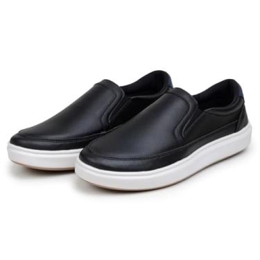 Imagem de Sapato Tênis Masculino Slip On Iate Mocassim Sapatenis Confortável 100% Couro Eco. (Preto-Branco, BR, Adulto, Numérico, 40)