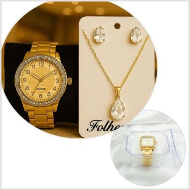 Imagem de Relogio feminino a prova dágua DHP kit de colar e brinco folheado - No
