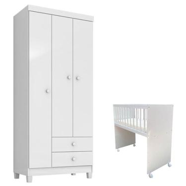 Imagem de Mini Berço Moisés Alegria Com Colchão E Guarda Roupa 3 Portas Ternura Baby Branco Flex - Incorplac