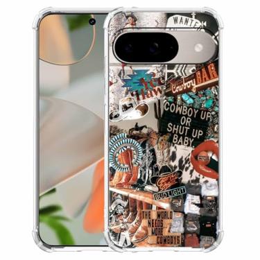 Imagem de Nsyosio Capa caubói caubói ocidental compatível com Google Pixel 9/9 Pro, retrô country arte colagem, capa de telefone TPU macio na moda, px9