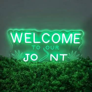 Imagem de KADAFAGO Bem-vindo à nossa placa de néon conjunta, luz neon de maconha, para decoração de casa, decoração de cannabis, placa de folha de cânhamo para loja, presentes abertos para fumantes
