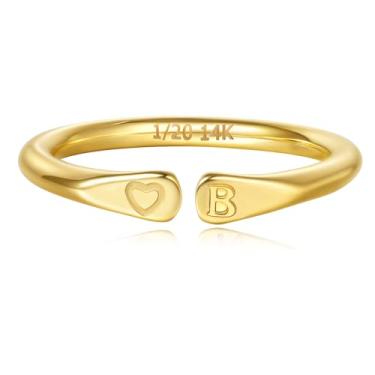 Imagem de YIKOXI Anéis femininos preenchidos a ouro 14 k com inicial esculpida à mão e não mancham alianças em formato de coração para mulheres, Aço inoxidável, Sem pedra preciosa