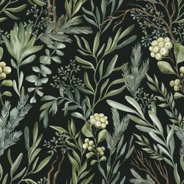 Imagem de REDAMANCY Papel de parede preto escuro vintage plantas botânicas folhas verdes descascar e colar papel de parede papel de parede vintage papel de parede vintage fácil de remover para mesa de cabeceira