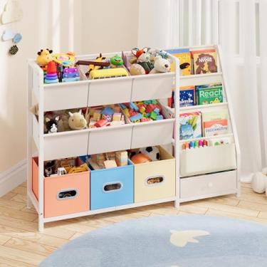 Imagem de HAVLOTII Organizador de armazenamento de brinquedos – estante infantil e armazenamento de brinquedos com 3 prateleiras de livros e 10 caixas de armazenamento, armazenamento de sala de jogos Montessori