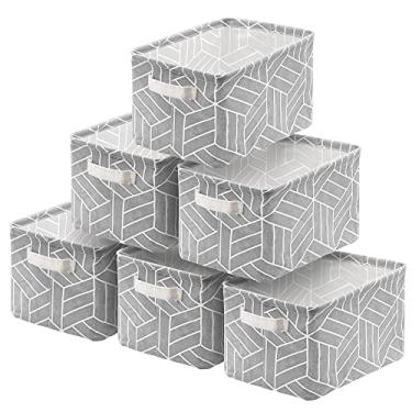 Imagem de Cesto de armazenamento dobrável organizador de caixas de tecido com cubo, pacote com 6 alças retangulares à prova d'água para berçário, casa, armário, escritório, prateleira, brinquedos, livros, roupas, pequeno, 28 x 20 x 15 cm, cinza