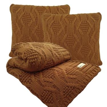 Imagem de Kit Manta Tricot Luxo 150x120cm + 2 Almofadas com Enchimento | Zíper Invisível | Fibra Siliconada | Sofá Sala | Xale Decorativo Elegante G05 (Ferrugem/Cognac)
