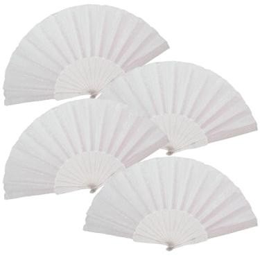 Imagem de SiissaPeksid Pacote com 4 leques de mão femininos com glitter e nervuras transparentes brilhantes – Ideal para casamento, igreja, festival, dança, festa de chá, clube e acessórios EDM, branco