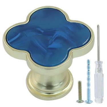 Imagem de Hordion 6 puxadores de armário de trevo, puxador decorativo de quatro folhas, puxadores decorativos de gaveta de liga de zinco para armário e despensa, azul