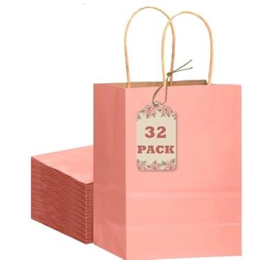 Imagem de qiqee 32 peças de sacos de papel kraft rosa claro com alças - 21 x 15 x 8 cm sacos de festa pequenos