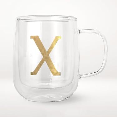 Imagem de COLLECTIVE HOME - Canecas de café de vidro de parede dupla, caneca de café isolada com alça, presentes personalizados para mulheres, homens, Natal, copos de monograma de 400 ml (X)