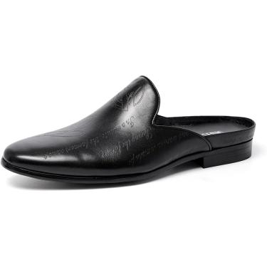 Imagem de Chinelos masculinos de couro genuíno da moda verão casual salto aberto mocassins planos polidos dedo fechado slides sapatos sociais formais, preto, 5 Reino Unido