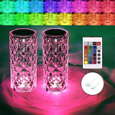Imagem de Abajur de mesa de cristal RGB que muda de cor luzes noturnas (pacote com 2) lâmpada de toque de diamante rosa de cristal para decoração de quarto e sala de estar (controle remoto e de toque)