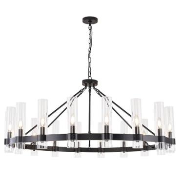 Imagem de Vimatto Lustre de roda de vagão preto com iluminação de lustres grandes de casa de fazenda em forma de vidro, luminárias pendentes redondas de teto suspenso para teto alto (preto + forma de vidro)