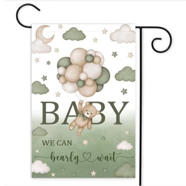 Imagem de Bandeira de jardim de chá de bebê urso verde, 30 x 45 cm dupla face We Can Bearly Wait Baby Garden Flag, anúncio de nascimento para chá de bebê, revelação de gênero, bebê recém-nascido