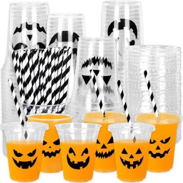 Imagem de Copos de plástico descartáveis Whaline Halloween 350 ml com tampas 60 