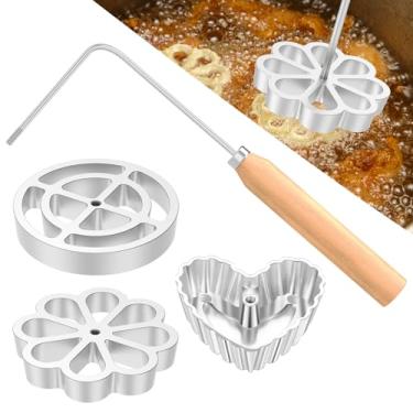 Imagem de ZJRDYYK 4 moldes Bunuelos com alça, conjunto de moldes de roseta de ferro com alça de madeira, molde para fazer biscoitos de flor de lótus Bunuelos, conjunto timbale de rosetas, conjunto de ferro de