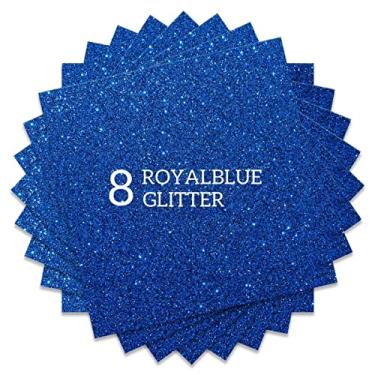 Imagem de Glitter HTV Royal Blue Conjunto de 8 folhas de vinil para transferência de calor - 30,5 x 25,4 cm holográfico ferro em vinil para camisetas, chapéus, roupas compatíveis com máquina Cricut Cameo Heat Press