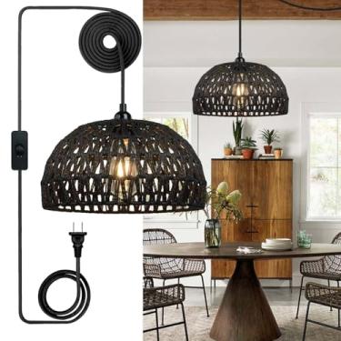 Imagem de 1 lustre boêmio de vime de fazenda, luz de teto de vime tecida à mão com interruptor, luminária suspensa DIY para cozinha, ilha, sala de jantar, quarto, sala de estar (preta)