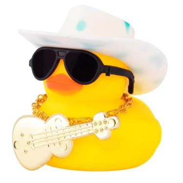Imagem de wonuu Decoração de painel de carro pato de borracha, ornamentos de patos de carro com mini pontos chapéu de cowboy colar óculos de sol guitarra (branco azul)
