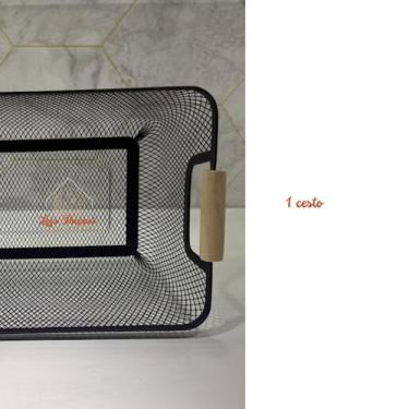 Imagem de Cesto Organizador Telado com Alça de Madeira Retangular para Alimentos