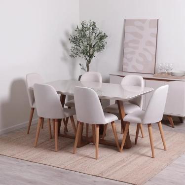 Imagem de Conjunto de Jantar Mesa Retangular com Vidro Bennett 6 Cadeiras New Drop - Natural c/ Bege