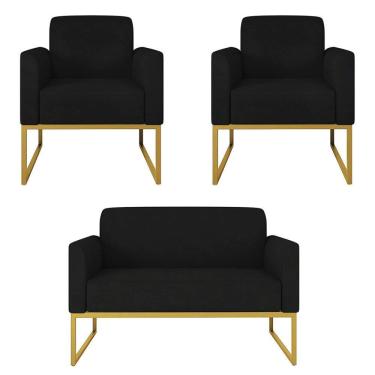 Imagem de Kit Namoradeira e 2 Poltronas Decorativas Base Industrial Dourada Maressa S07 Suede Preto - Ibiza