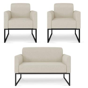 Imagem de Kit Namoradeira e 2 Poltronas Decorativas Base Industrial Preta Maressa A19 Linho Grosso Bege - Ibiza