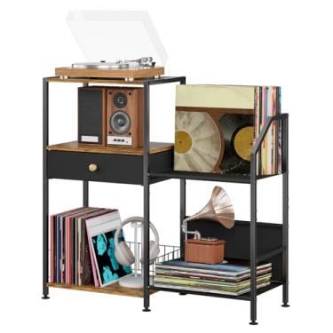 Imagem de D.S.Exthefic Suporte para toca-discos de 3 níveis, prateleira de vinil com armazenamento de até 200 álbuns, suporte vintage para toca-discos grande para sala de estar estéreo de mídia, preto e marrom