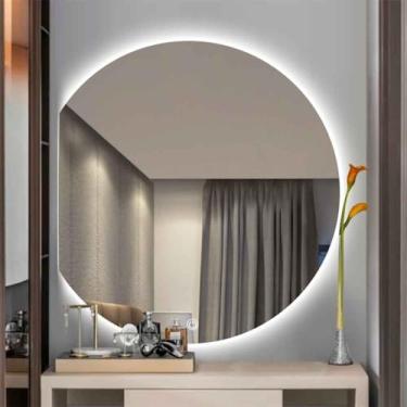 Imagem de Espelho de toucador montado na parede com interruptor tátil de 39" × 35", espelho de casa de banho LED anti-embaciamento, espelho decorativo retroiluminado inteligente, espelho de parede de meia lua