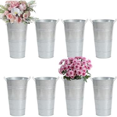 Imagem de 8 Vasos grandes de metal galvanizado de 30,5 cm para fazenda, vasos de flores francesas para flores de corte para casa D
