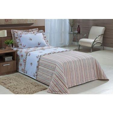 Imagem de Cobre Leito Solteiro Bordado Algodao Floral Com Listra - Chrisney Bord