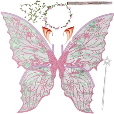 Imagem de Fairy Wings for Adults and Girls，Fairy Costume Set with Floral Garland, Fairy Hair Tinsel, Wand & Elf Ears – 29"x21" Organza Butterfly Wings – Ideal for Cosplay, Party, Pink