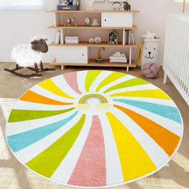 Imagem de USTIDE Tapete de arco-íris redondo de 1,5 m, tapete macio, design de doces, para quarto de crianças, moderno, para quarto, sala de jogos, berçário, decoração de milho (amarelo, 160 cm x 160 cm)