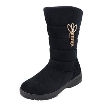 Imagem de Bigfanshu Bota feminina de camurça sintética, botas de neve de inverno, cano médio de pele, sapatos de anabela, casual, feminino, com zíper, botas pretas de pelúcia, Preto, 9.5