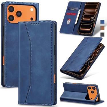 Imagem de Jasonyu Flip Carteira Capa para iPhone 17 Pro Max,Capinha Folio Magnética de Couro com Suporte para Cartão,Suporte para Chute - Protetora Durável de TPU à Prova de Choque para Telefone,Azul