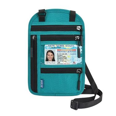Imagem de Carteira de pescoço com bloqueio de RFID – Porta-passaporte com vários bolsos, bolsa de viagem de nylon, Lago azul, Carteira de pescoço com bloqueio de RFID – Suporte para passaporte com vários bolsos
