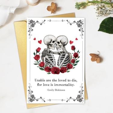 Imagem de Cartão de amor de esqueleto gótico para esposa marido, cartão de aniversário de caveira de terror para namorado namorada, Can't Are The Loved to Die, for Love Is Immortality