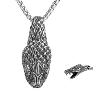 Imagem de Colar masculino gótico punk hip hop rock cabeça de cobra com pingente de cabeça de cobra, material de aço inoxidável 316L, corrente de pérola quadrada de aço inoxidável prateado, joia retrô para